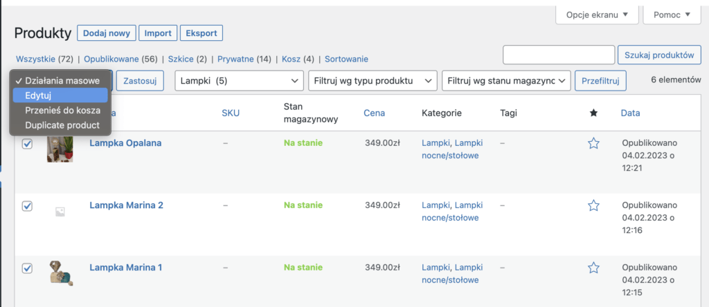 WooCommerce szybka edycja produktów 