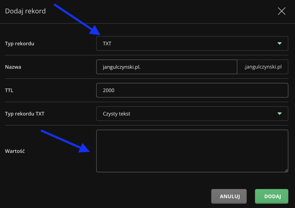 jak dodać stronę do Google Search Console - rekord DNS grafika ze strzałkami