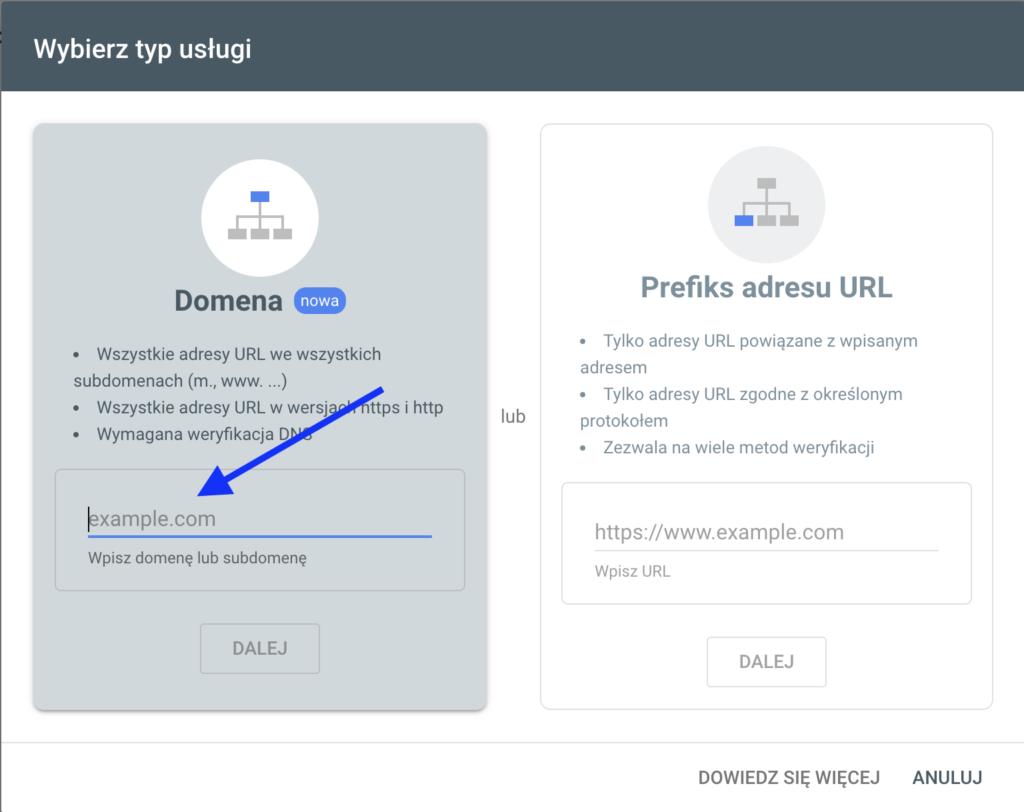 Dodawanie domeny do Google Search Console - zrzut ekranu ze strzałka