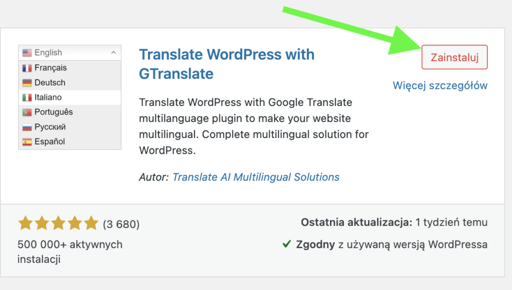 jak przetłumaczyć stronę WordPress - zainstaluj wtyczkę GTranslate