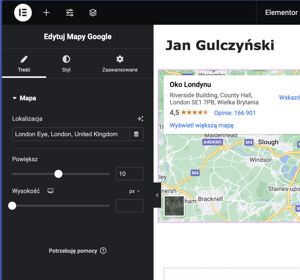 jak dodać mapę Google do strony WordPress Elementor