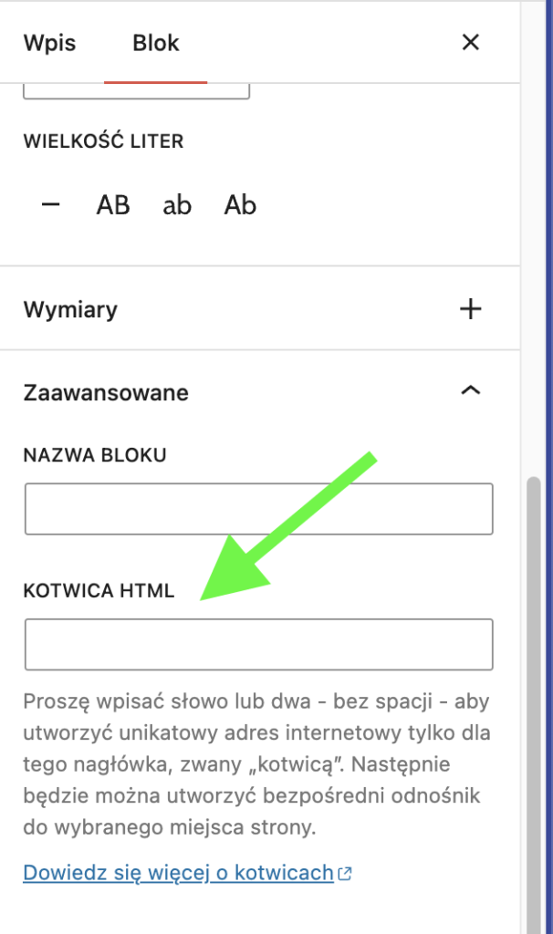 jak utworzyć kotwicę w WordPress