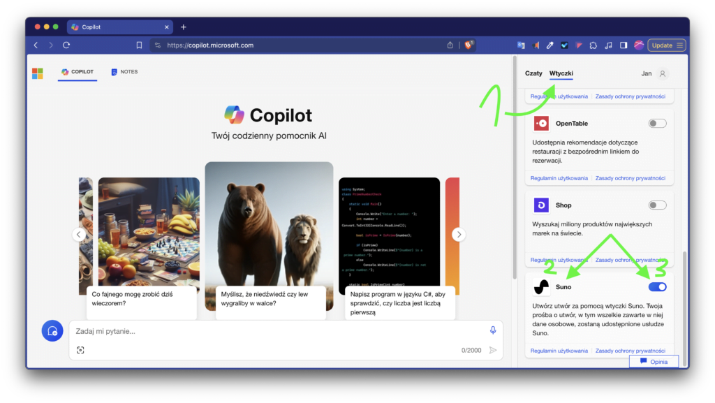 instrukcja aktywacji wtyczki Suno w copilot AI do generowania muzyki