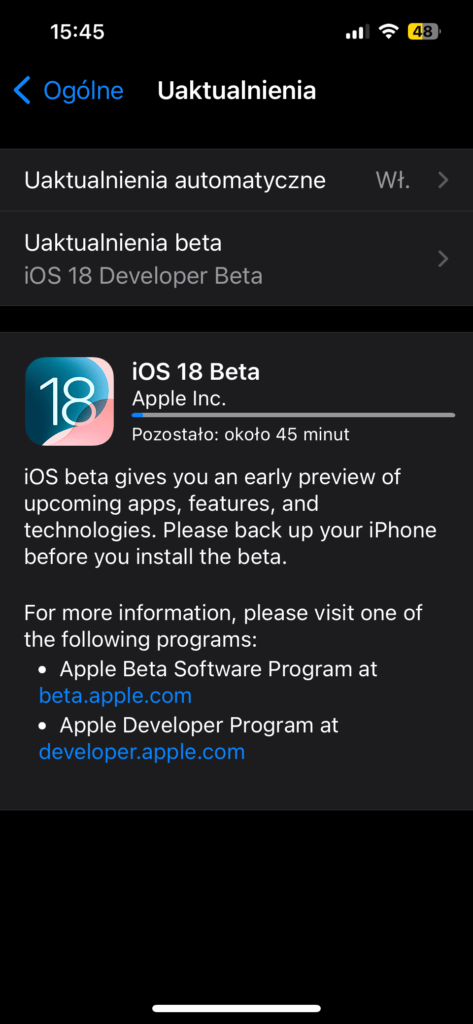 screen - jak zainstalować iOS 18 Beta developer