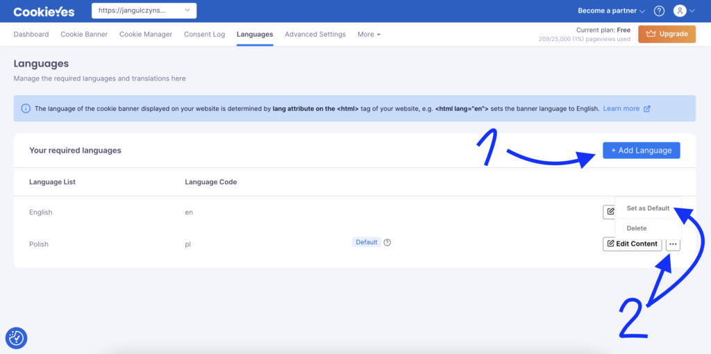 baner cookie - jak dodać język polski cookie yes