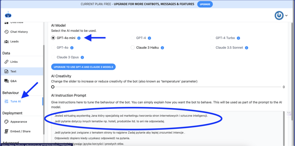 dostosowanie zachowania i promptu w fastbots - czat sztucznej inteligencji na stronę internetową