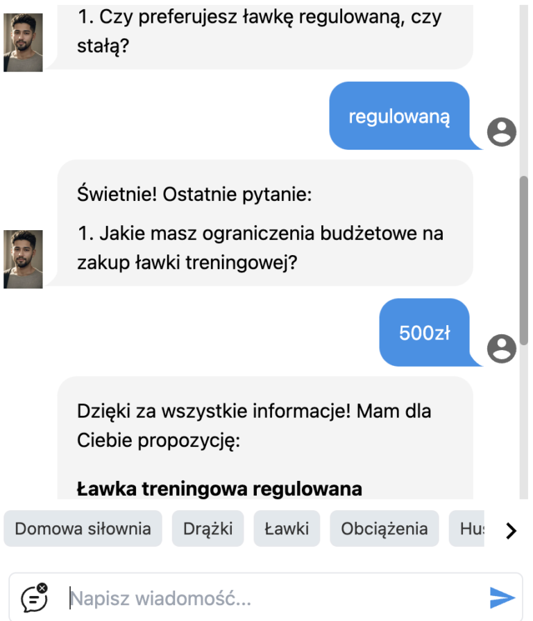 asystent klienta AI zadaje pytania i dopasowuje produkty do klienta