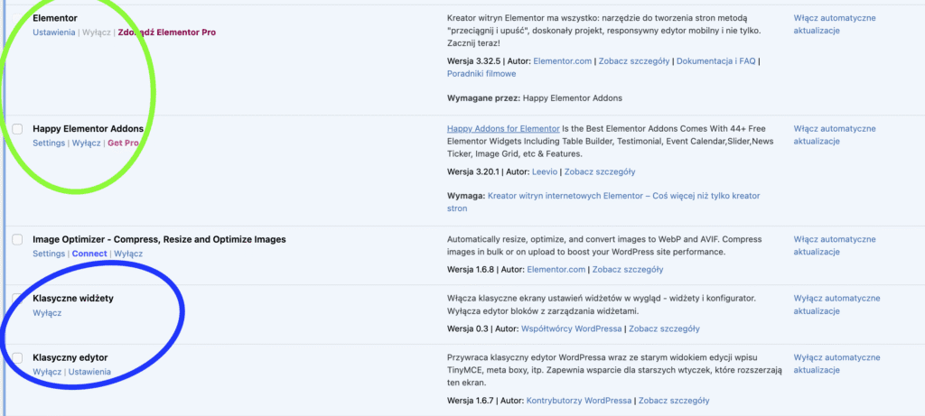 Problemy z WordPressem i Ich Naprawa: Od Podstaw do Zaawansowanych Poprawek 4 case study - zrzut ekranu ze strony klienta przedstawiający zainstalowane wtyczki do różnych kreatorów stron.