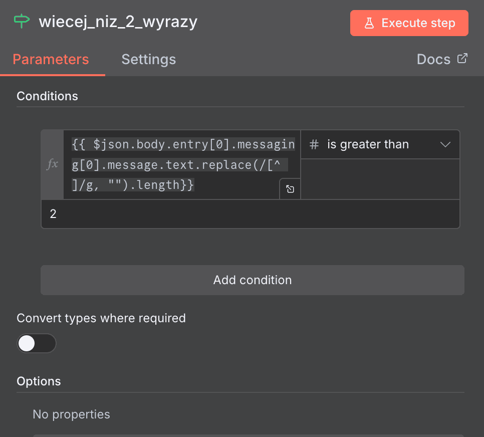 Chatbot AI na Messengerze: Jak Hybrydowy Bot OSZCZĘDZA 2000zł Miesięcznie w E-commerce 3 zrzut ekranu z n8n, węzeł IF filtruje wiadomości z messengera po ilości wyrazów.