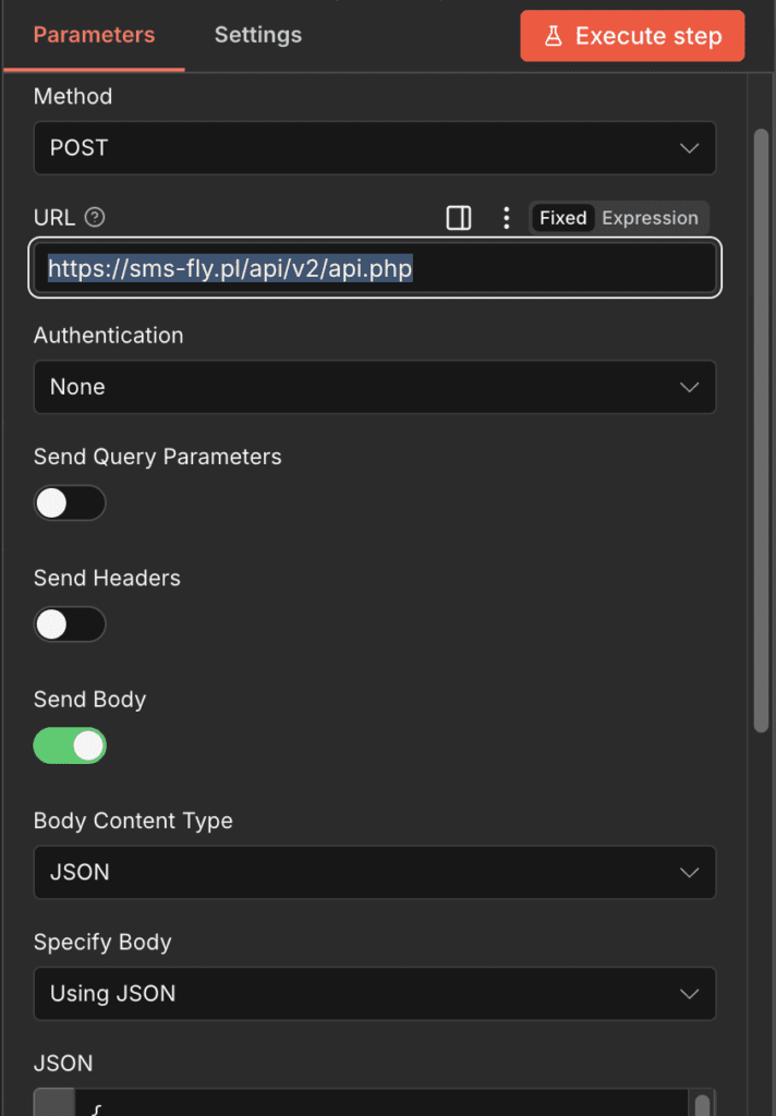 Automatyczne Skanowanie Wizytówek: AI Odczytuje Dane i Generuje Leady 5 Zrzut ekranu z interfejsu N8N przedstawiający konfigurację bramki SMS.