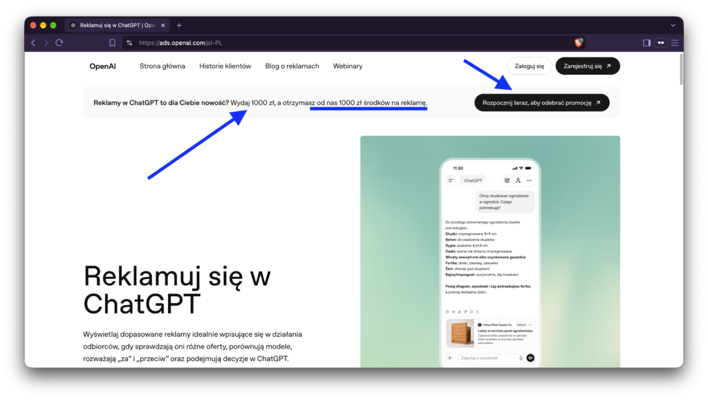 Reklamy w ChatGPT - mój test od konta do wyników 2 zrzut ekranu z strony reklamowej chatGPT - promocja dla nowych klientów